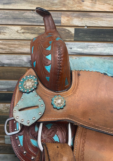 USED No Brand Western Saddle and Headstall 13” Brown and Teal