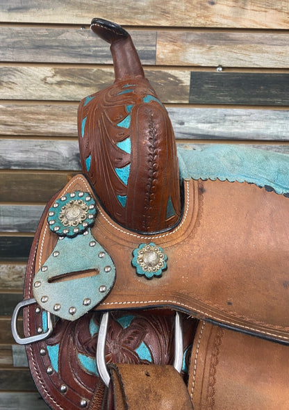 USED No Brand Western Saddle and Headstall 13” Brown and Teal