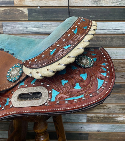 USED No Brand Western Saddle and Headstall 13” Brown and Teal