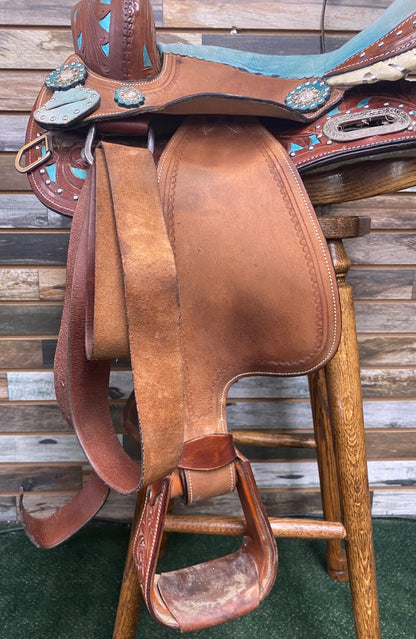 USED No Brand Western Saddle and Headstall 13” Brown and Teal