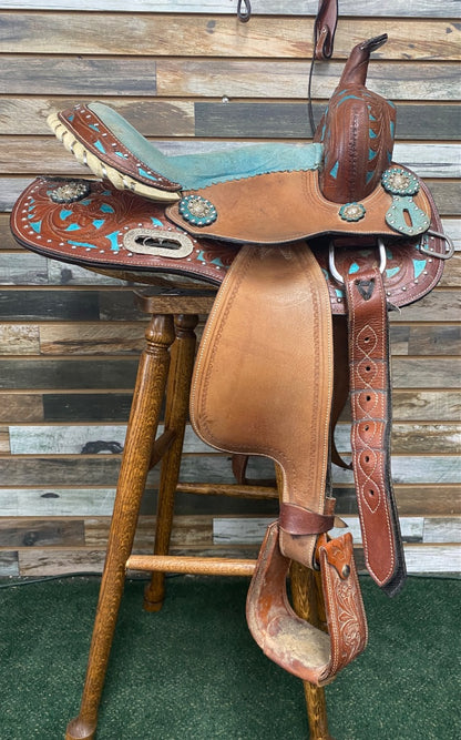 USED No Brand Western Saddle and Headstall 13” Brown and Teal