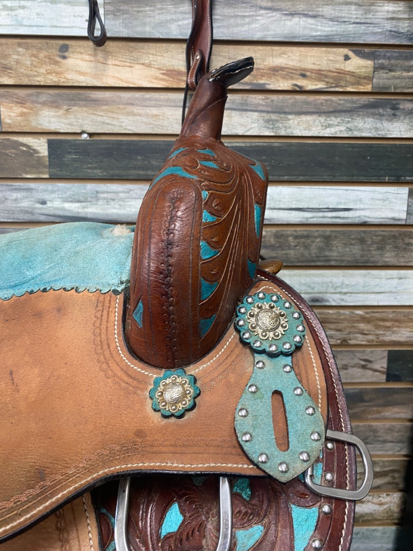 USED No Brand Western Saddle and Headstall 13” Brown and Teal