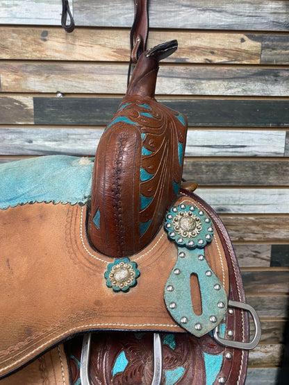 USED No Brand Western Saddle and Headstall 13” Brown and Teal