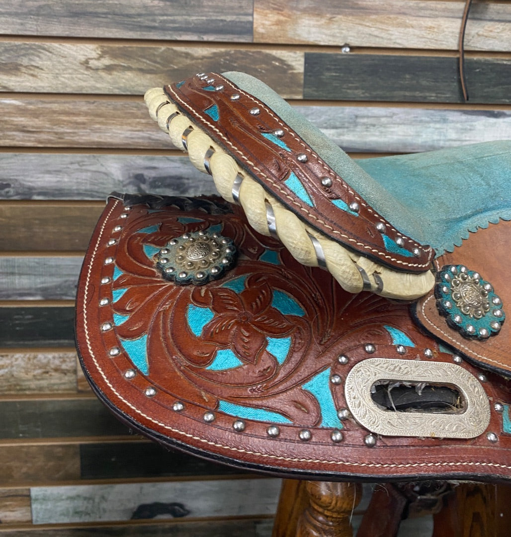 USED No Brand Western Saddle and Headstall 13” Brown and Teal
