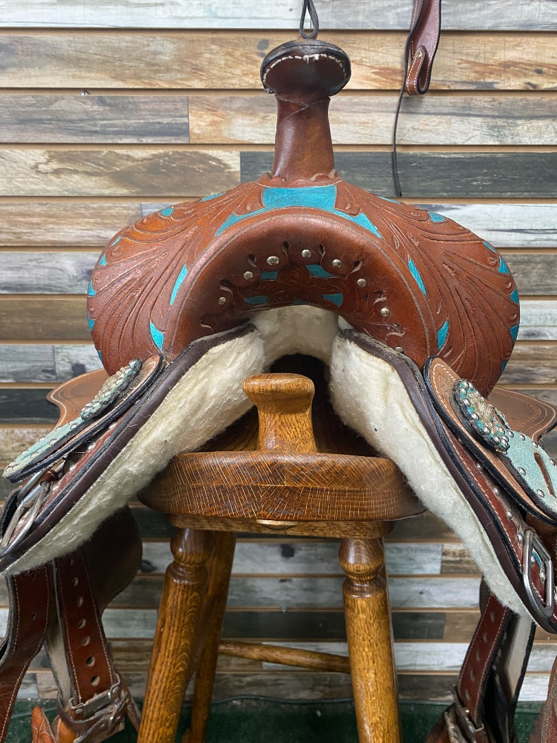 USED No Brand Western Saddle and Headstall 13” Brown and Teal