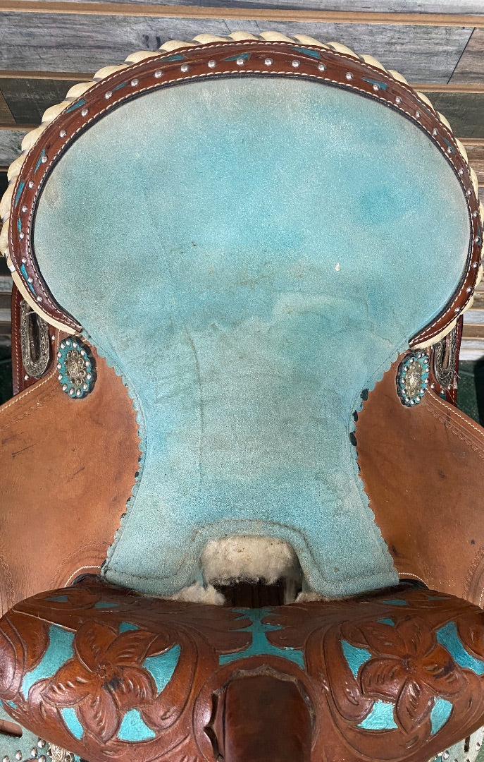 USED No Brand Western Saddle and Headstall 13” Brown and Teal