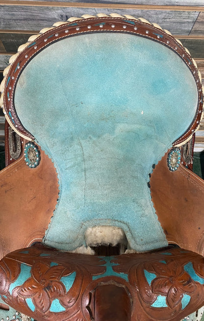 USED No Brand Western Saddle and Headstall 13” Brown and Teal