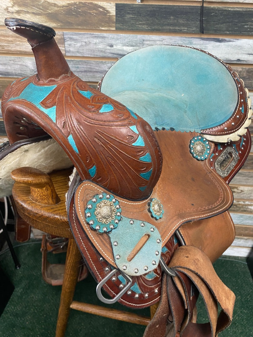 USED No Brand Western Saddle and Headstall 13” Brown and Teal