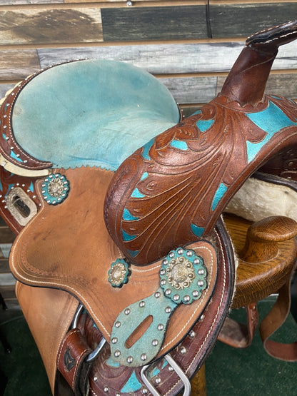 USED No Brand Western Saddle and Headstall 13” Brown and Teal