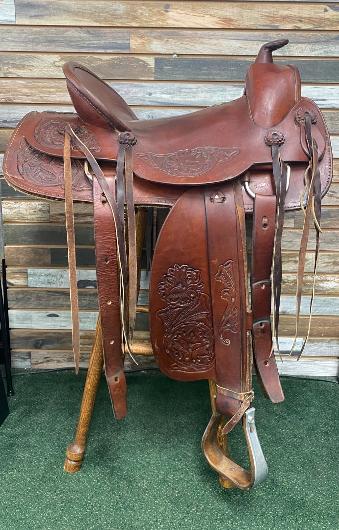 USED Circle S Hardseat Roper Saddle with Floral Tooling 16" Medium Oil