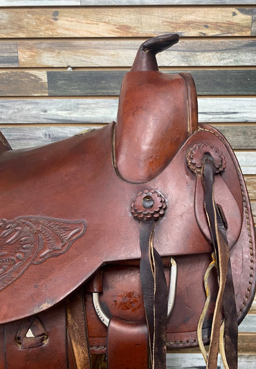 USED Circle S Hardseat Roper Saddle with Floral Tooling 16" Medium Oil