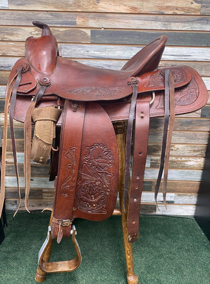 USED Circle S Hardseat Roper Saddle with Floral Tooling 16" Medium Oil
