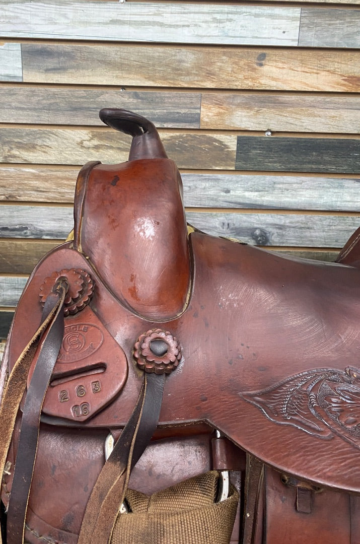USED Circle S Hardseat Roper Saddle with Floral Tooling 16" Medium Oil