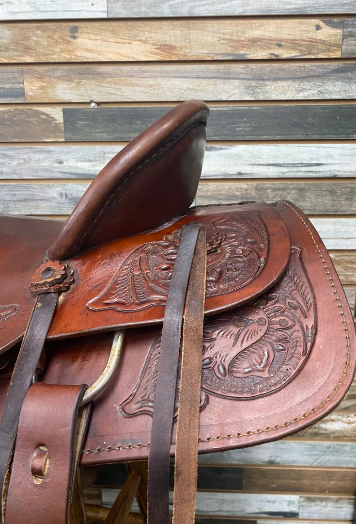 USED Circle S Hardseat Roper Saddle with Floral Tooling 16" Medium Oil
