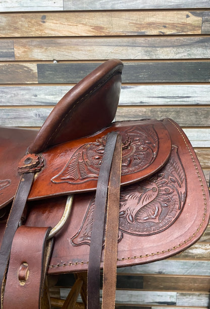 USED Circle S Hardseat Roper Saddle with Floral Tooling 16" Medium Oil