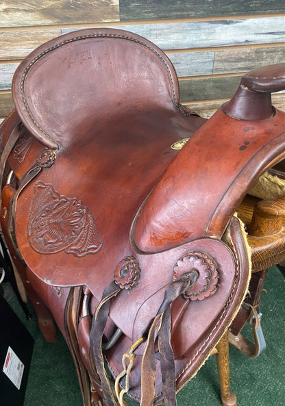 USED Circle S Hardseat Roper Saddle with Floral Tooling 16" Medium Oil