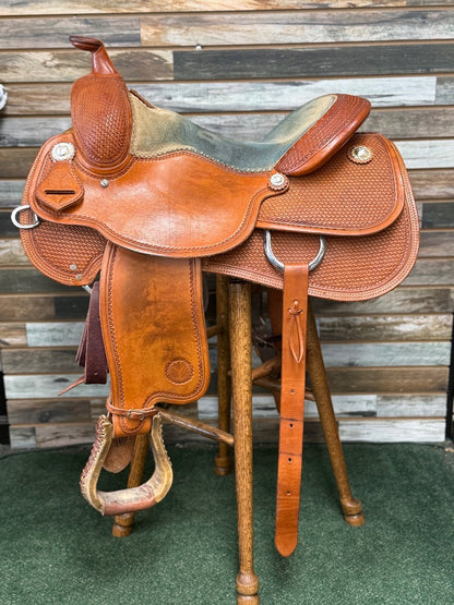 USED Circle Y Basketweave Tooled Light Oil Saddle | 16" Seat, 7" Gullet