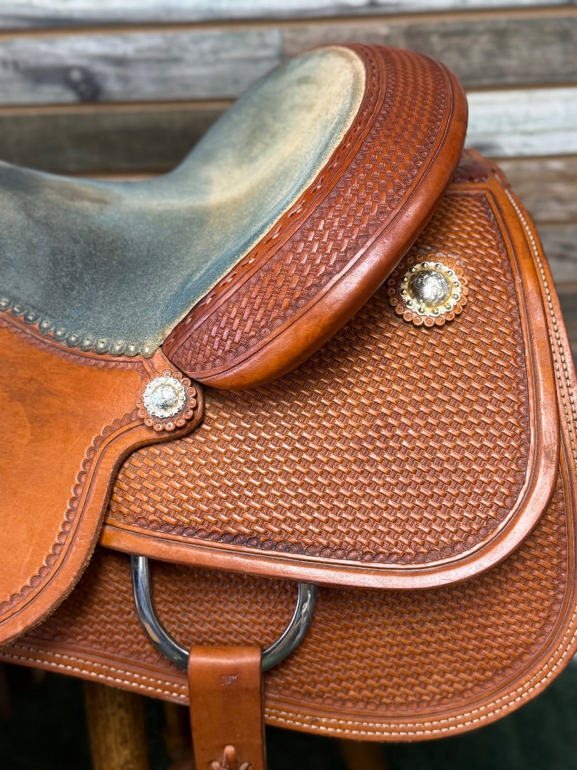 USED Circle Y Basketweave Tooled Light Oil Saddle | 16" Seat, 7" Gullet