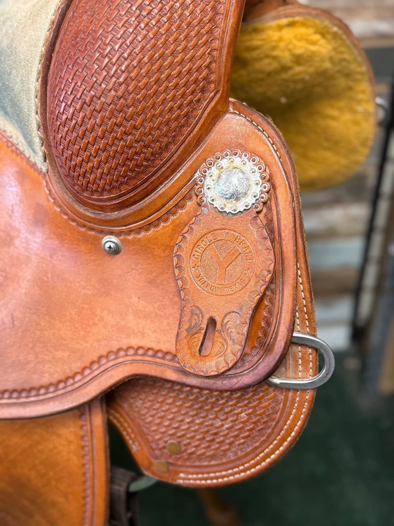 USED Circle Y Basketweave Tooled Light Oil Saddle | 16" Seat, 7" Gullet