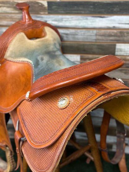 USED Circle Y Basketweave Tooled Light Oil Saddle | 16" Seat, 7" Gullet