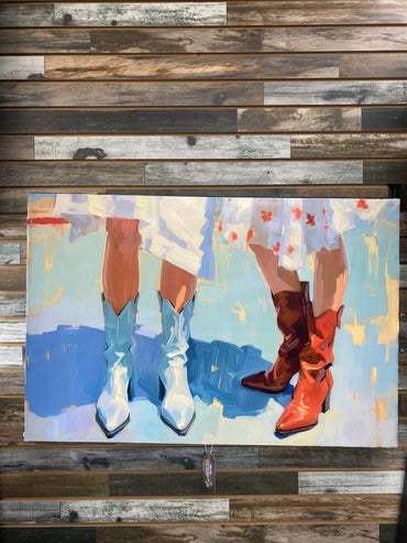 USED Golden Horseshoe Equestrian Cowgirl Boots Art 36” x 24” Light Blue/Blue/Brown/White