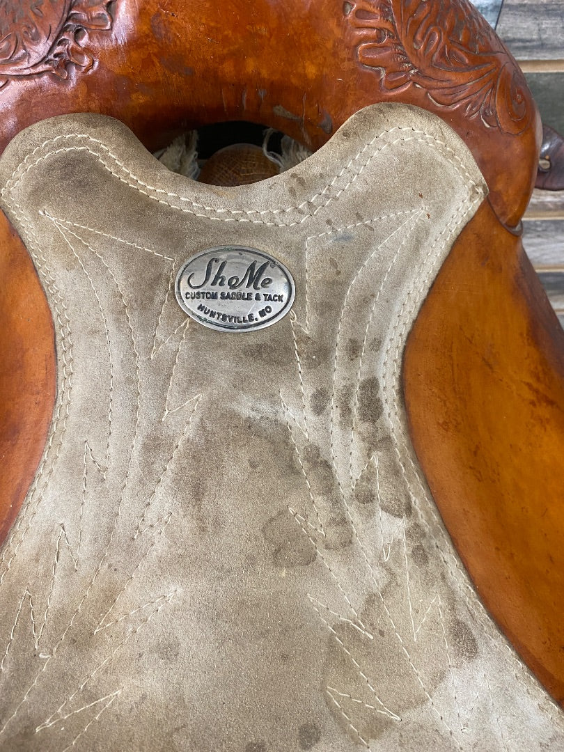 USED  ShoMe Custom Saddlery Ranch Saddle Full Quarter Horse Bars 15 1/2"seat/ 6" gullet Light Oil
