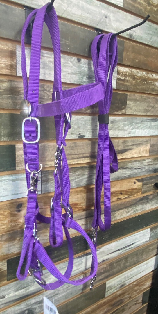 USED Rugged Ride NWT Halter/Bridle , Nylon Purple ,Horse, w/Split Reins Horse Purple