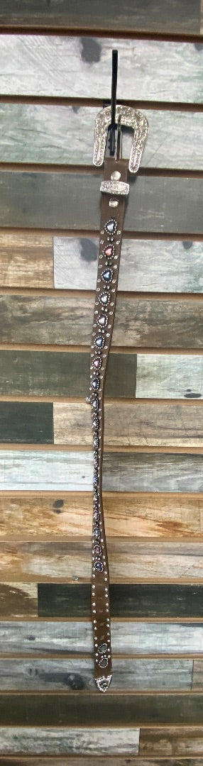 USED  Youth Western Belt  Brown w/Pink/Blue/Clear Hearts