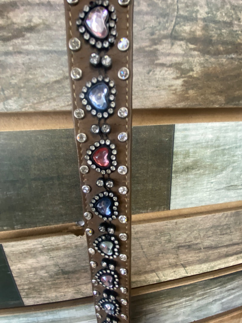 USED  Youth Western Belt  Brown w/Pink/Blue/Clear Hearts