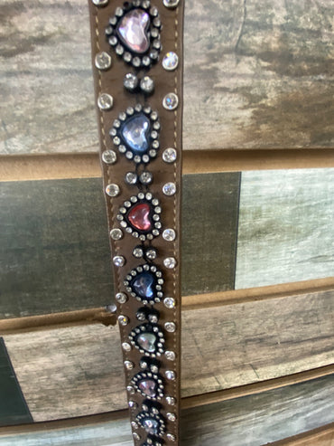 USED  Youth Western Belt  Brown w/Pink/Blue/Clear Hearts