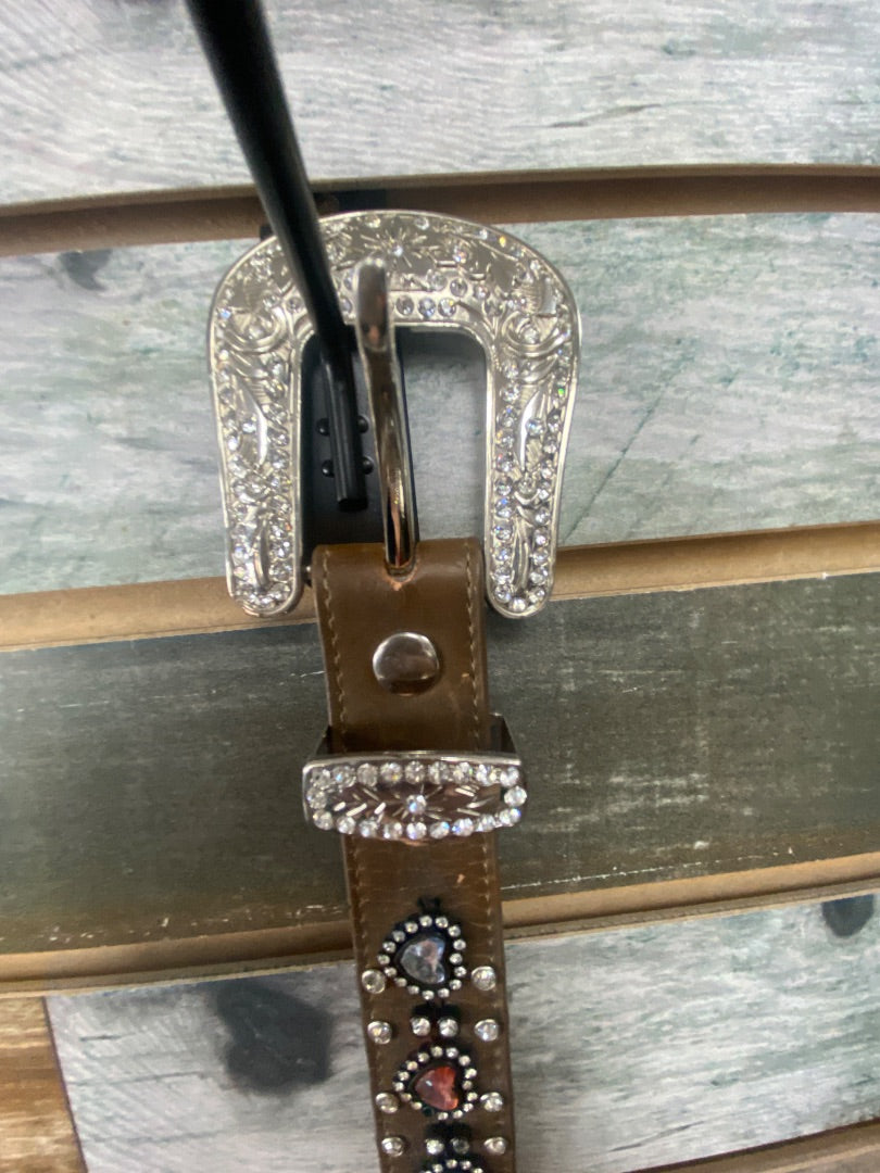 USED  Youth Western Belt  Brown w/Pink/Blue/Clear Hearts