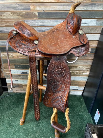 USED Martha Josey Floral Tooled Barrel Saddle 14"