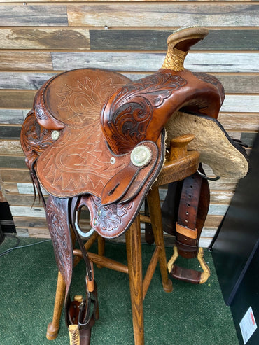 USED Martha Josey Floral Tooled Barrel Saddle 14"