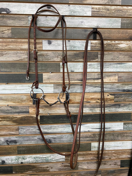 USED Weaver Barbed Wire Tooled Browband Style Headstall with Split Reins & Fixed O-Ring