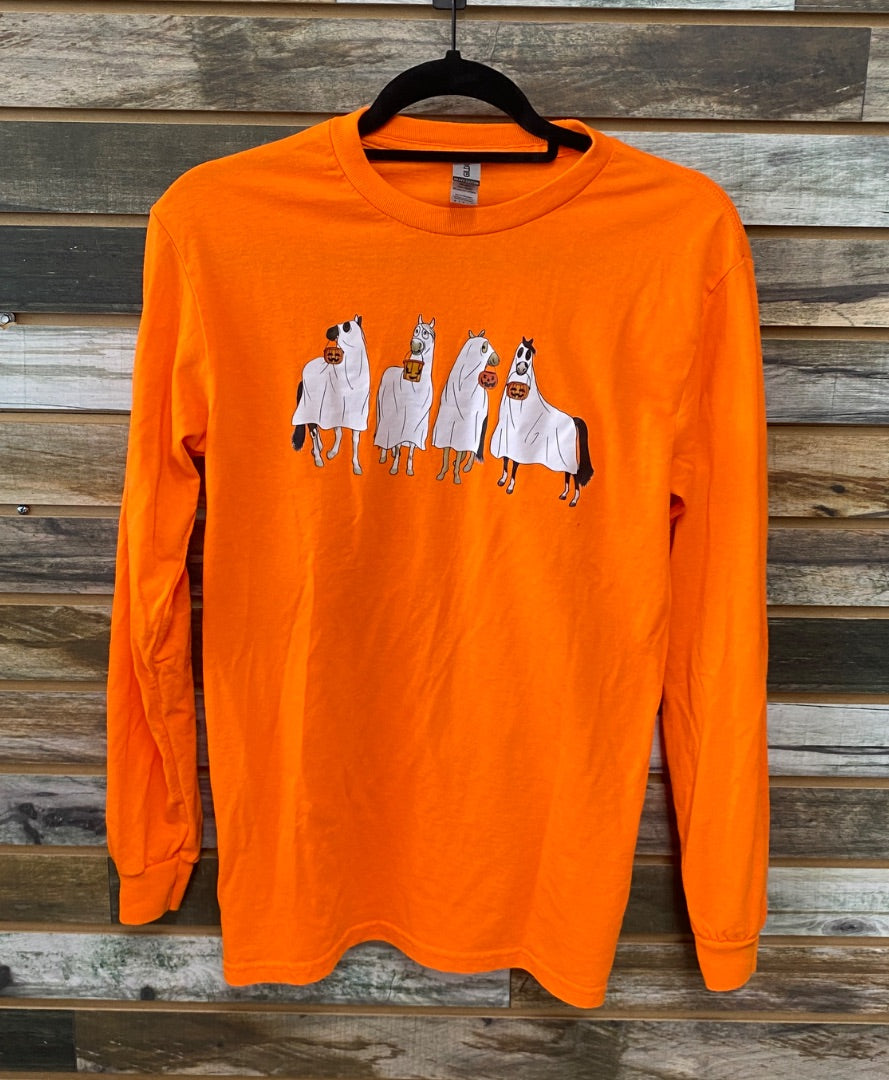 USED Gildan Long Sleeve Halloween Horses Orange Small Orange