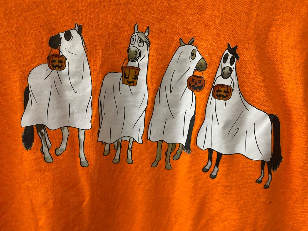 USED Gildan Long Sleeve Halloween Horses Orange Small Orange