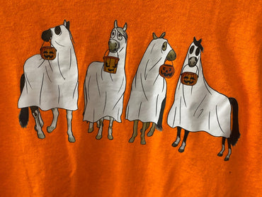 USED Gildan Long Sleeve Halloween Horses Orange Small Orange