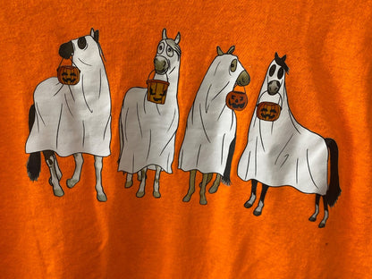 USED Gildan Long Sleeve Halloween Horses Orange Small Orange
