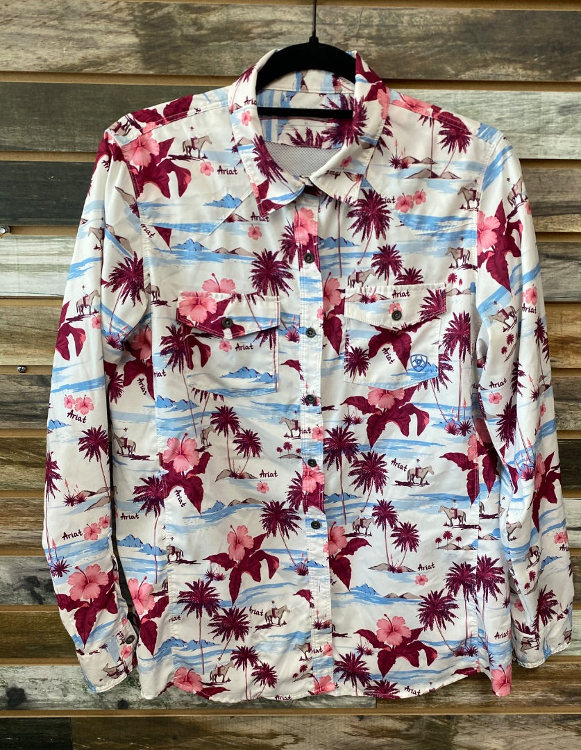 USED Ariat Tek  Ladies Hawiiian Pring Vent-Tek Long Sleeve Shirt