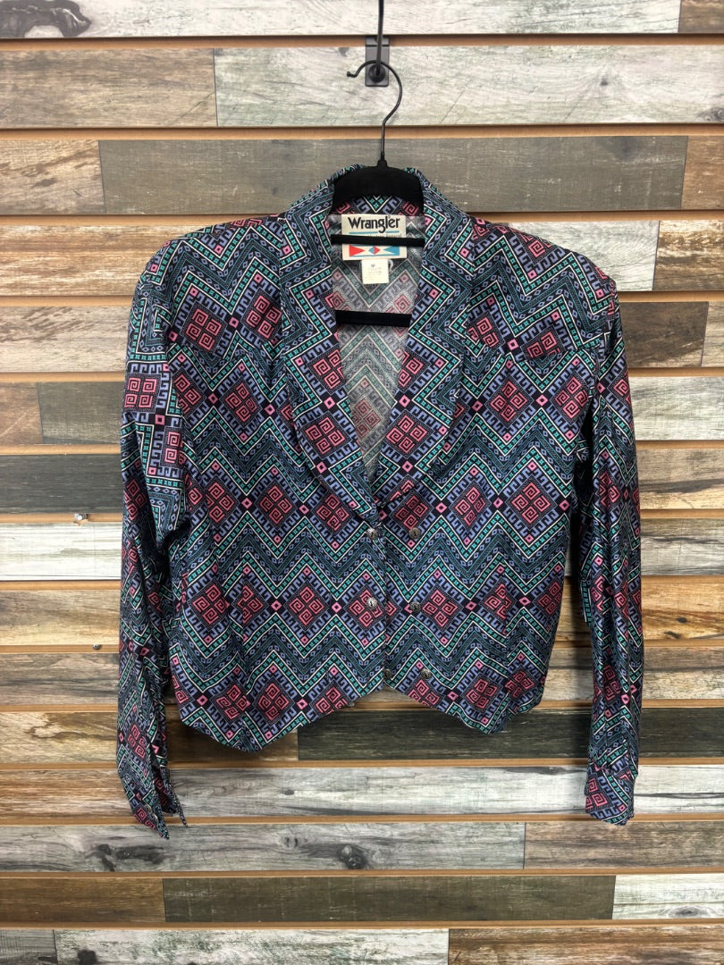 USED Wrangler Retro Ladies Western Half Top Medium Blue/Teal/Pink/Black