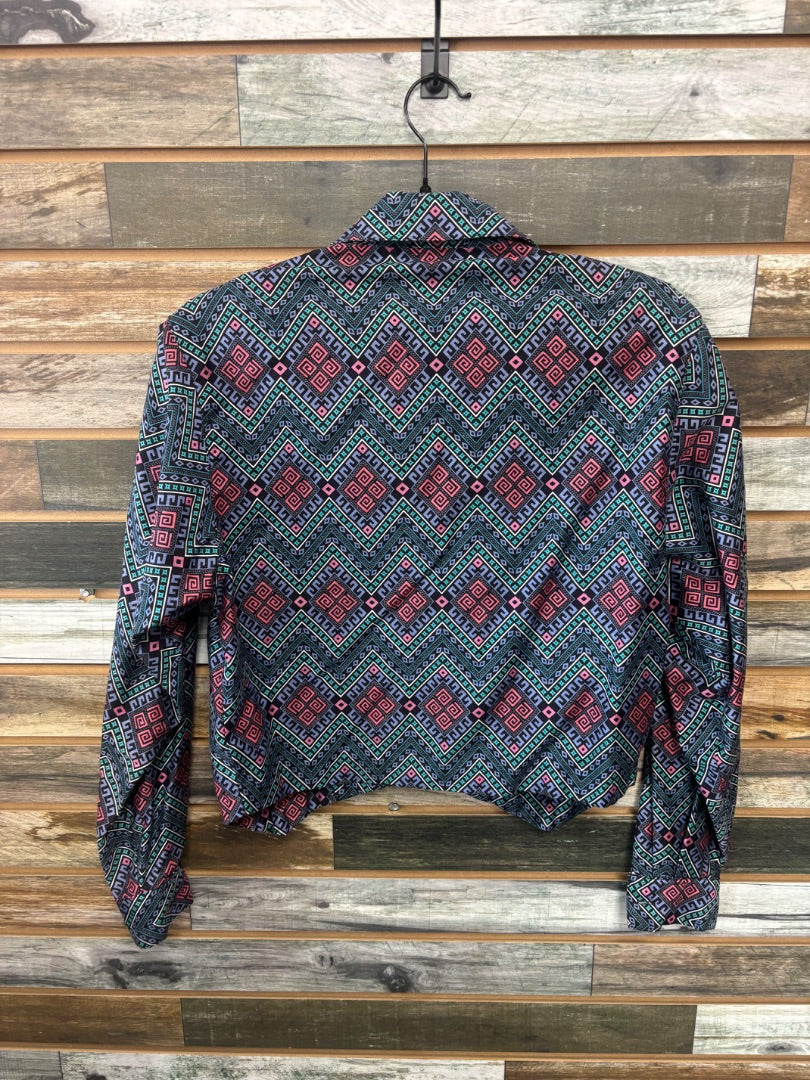 USED Wrangler Retro Ladies Western Half Top Medium Blue/Teal/Pink/Black