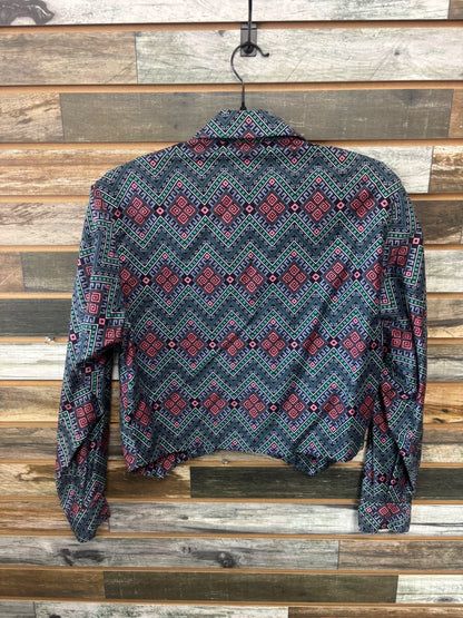 USED Wrangler Retro Ladies Western Half Top Medium Blue/Teal/Pink/Black