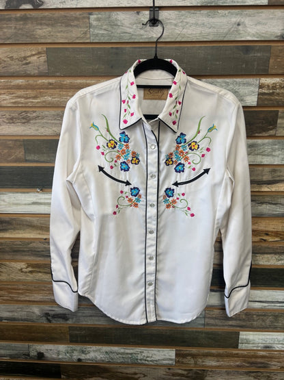 USED Schultz Ladies Western Show Shirt Medium White With Flowers