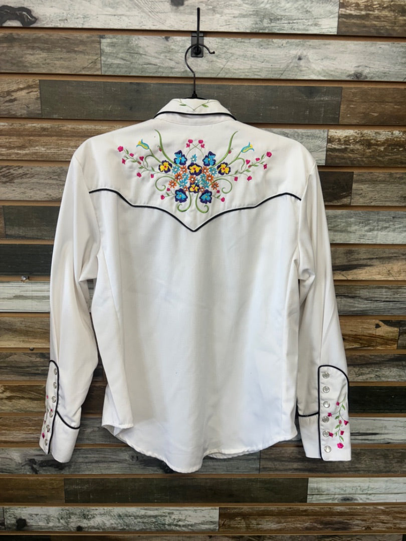 USED Schultz Ladies Western Show Shirt Medium White With Flowers