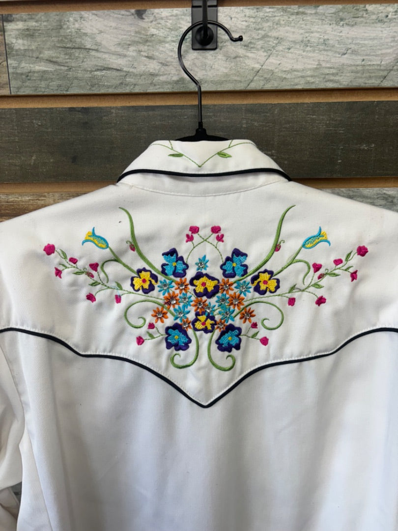 USED Schultz Ladies Western Show Shirt Medium White With Flowers