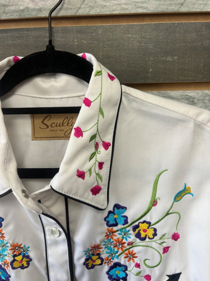USED Schultz Ladies Western Show Shirt Medium White With Flowers