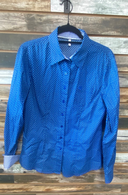 USED Cinch Blue Patterned Long Sleeve Top Large Multi Blue