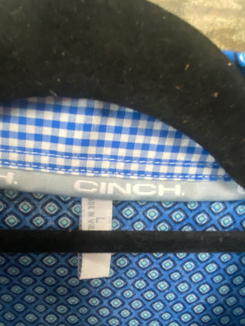 USED Cinch Blue Patterned Long Sleeve Top Large Multi Blue