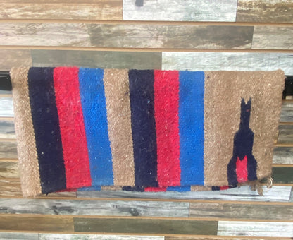 USED  Wool Saddle Blanket 30" x  30" Tan, Red, Navy Blue, Blue