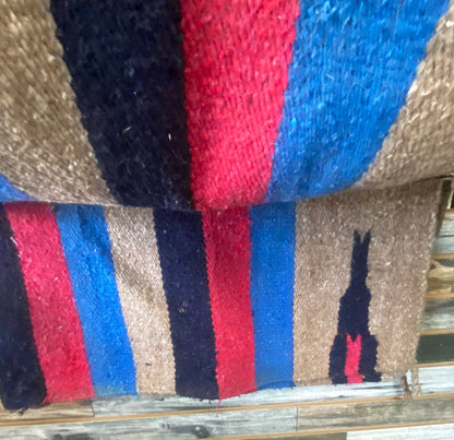 USED  Wool Saddle Blanket 30" x  30" Tan, Red, Navy Blue, Blue